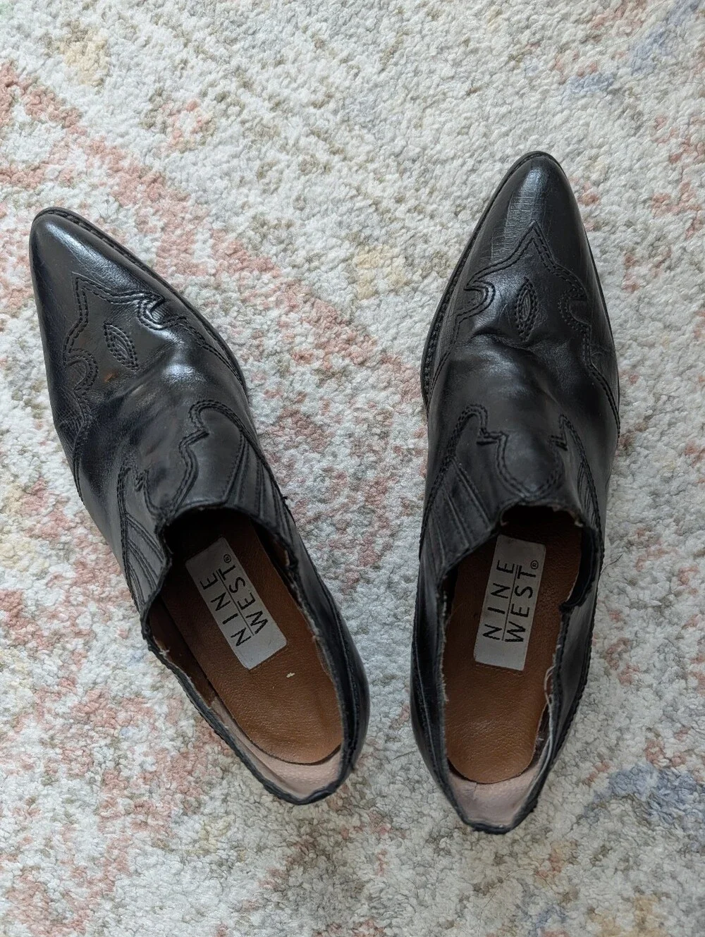 Vintage 90s/Y2K Nine West Black Leather Western Pointed Toe Slip-On Shoes 7